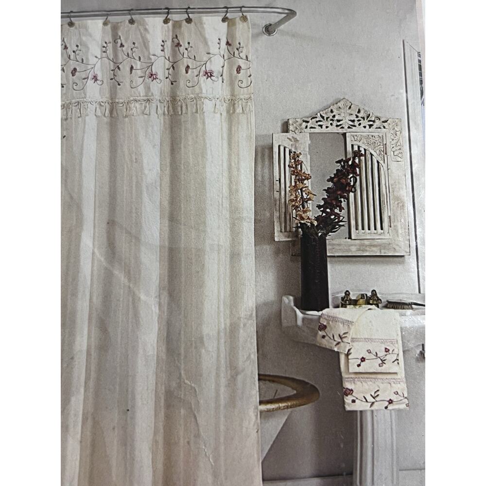 PANAMA Embroidered Floral Tassel Shower Curtain Ivory Pink Romantic Cottagecore - Picture 2 of 5